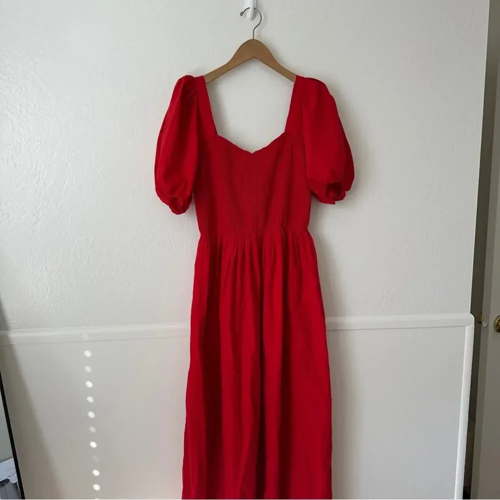 Abercrombie & Fitch Smocked Red Short Sleeve Maxi Dress Medium